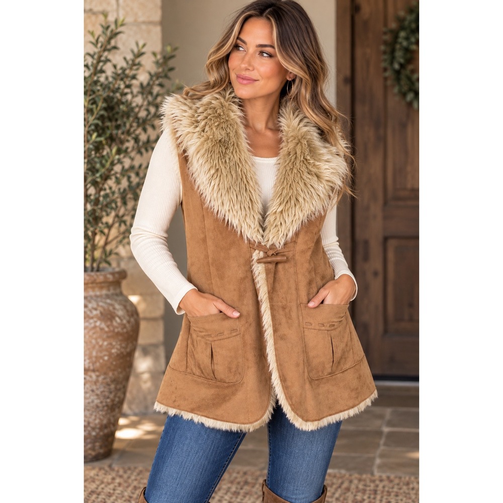 Powder River Outfitters Faux Suede Fur Vest Medium Tan Western Panhandle Slim